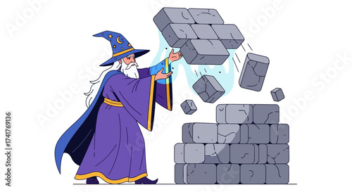 Magical wizard casting spells on a wall of stones, creating a whimsical fantasy illustration for