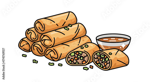 Delicious spring rolls illustration with dipping sauce ready to serve and enjoy tasty snacks