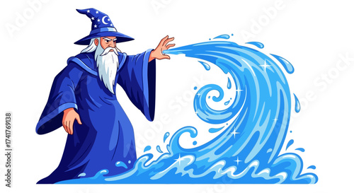 Magical wizard conjuring a powerful wave of water with his mystical abilities and charm