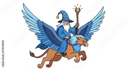 Cartoon wizard riding griffin with magic staff in fantasy setting illustration