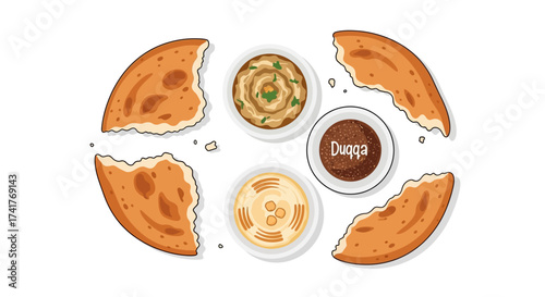 Delicious middle eastern mezze illustration featuring hummus baba ghanoush duqqa and pita bread