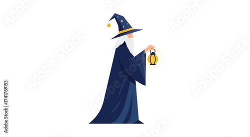 Illustration of a wizard with a beard holding a lantern and wearing a hat with stars and moon