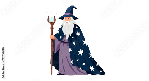 Full-length illustration of a wizard with staff and magic orb conveying mystical presence and power