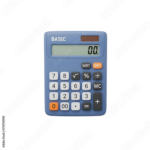Blue basic calculator with lcd screen and buttons, isolated on white background