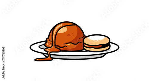 Delicious caramel dessert with ice cream and macaroon vector illustration art