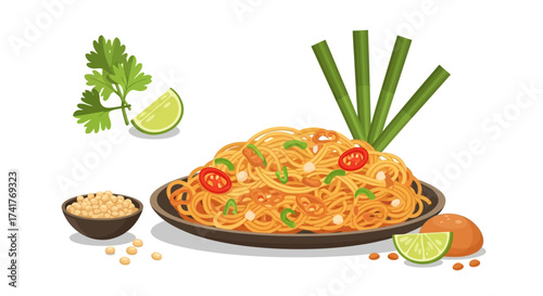 Delicious plate of Pad Thai with fresh toppings ready to be served and enjoyed