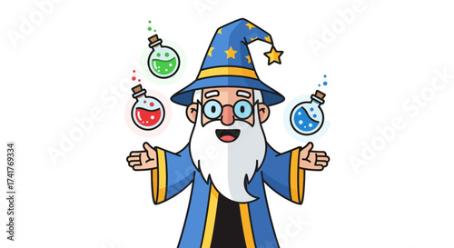 Cartoon Wizard Juggling Potion Bottles with Blue Hat and Star against White Backdrop