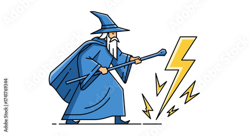 Cartoon wizard casting lightning spell illustration on isolated white background graphic style