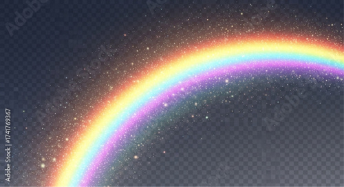 A captivating illustration of a vibrant rainbow, a symbol of hope and beauty. The radiant arc gracefully spans across a transparent background. overlay texture for your design. 