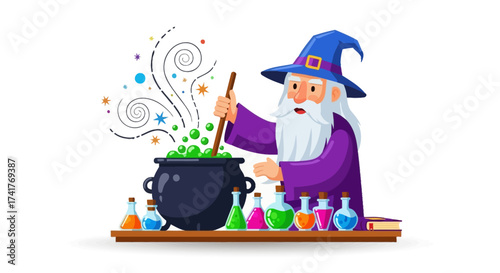 Cartoon wizard stirring a bubbling cauldron with potions on a wooden shelf isolated on white is