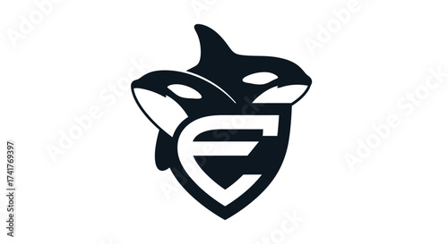 Elegant orca emblem design featuring two killer whales and a stylized shield logo
