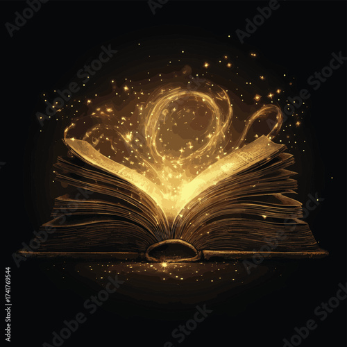 An old, weathered book, cracked open, revealing not words, but a radiant, swirling light within , vector style simple color