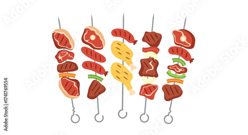 Delicious Cartoon BBQ Skewers with Meat Sausage Chicken and Vegetables for Summer Picnic
