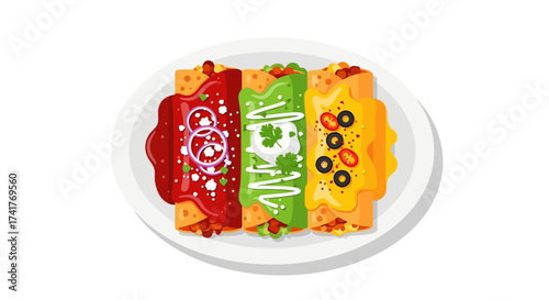 Delicious enchiladas platter illustration with vibrant sauces and fresh toppings perfect for