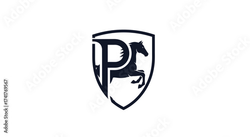 Elegant Letter P Logo with Horse Silhouette Inside a Shield Emblem for Brand Identity