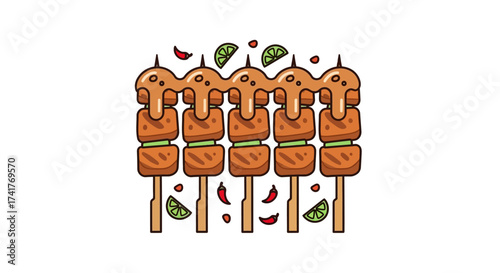 Delicious and colorful cartoon food skewers illustration against a white background with sauce and