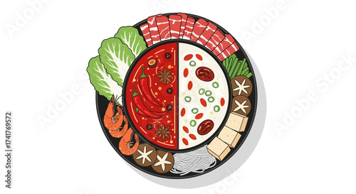 Authentic illustration of a delicious and appetizing hot pot feast showcasing vibrant colors and