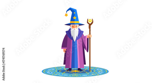 A cartoon illustration of a wizard standing on a magic circle casting a spell on white background