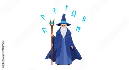 Enchanting Wizard Casting Spells with Staff and Runes in Mystical Realm Illustration