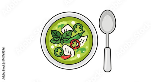 Delicious thai green curry cartoon illustration in bowl with spoon on white background