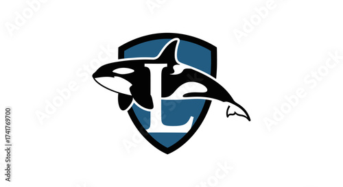 Stylish logo featuring an orca whale silhouette and an elegant letter L over a shield