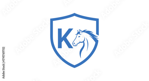 Elegant monogram logo design featuring letter K and horse within a shield shape symbol