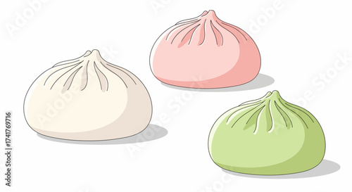 Colorful illustration of three steamed buns with a delicate and appetizing appearance isolated on