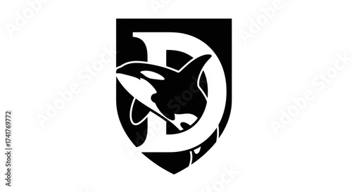 Elegant emblem featuring an orca swimming through a stylized letter D insignia with a black shield