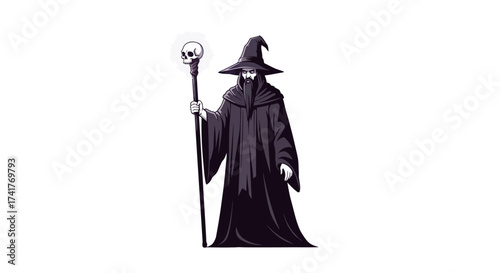 Mystical wizard in black robe with skull staff against plain background illustration
