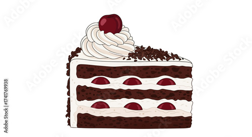 Delicious Black Forest Cake Slice Illustration with Cherries and Whipped Cream Delightfully Detailed