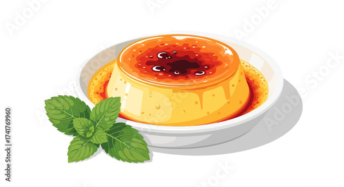 Creme brulee cartoon illustration featuring a delicious dessert garnished with mint leaves