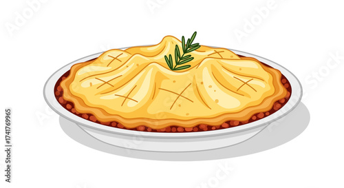Illustration of a classic shepherd's pie with mashed potato topping and rosemary garnish