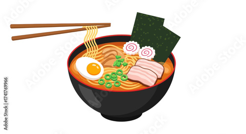 Delicious bowl of ramen illustration with chopsticks toppings and broth ready to eat