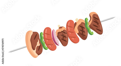 Delicious barbecue skewer with grilled meat sausages and colorful vegetables illustration