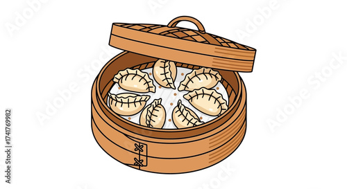 Delicious steamed dumplings in a traditional bamboo steamer ready to eat concept art asian food