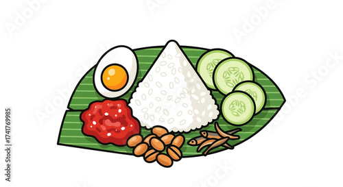 Delicious nasi lemak illustration with rice, egg, cucumber, peanuts and anchovies