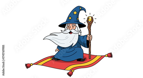 Whimsical wizard character on a magical carpet ride with staff illustration isolated on white