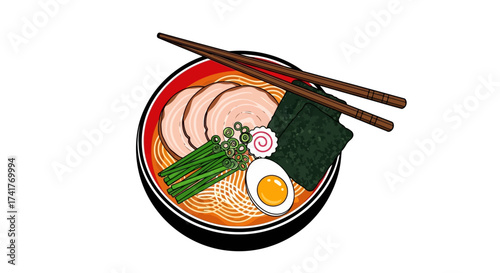 Delicious ramen bowl illustration featuring tasty ingredients and traditional presentation