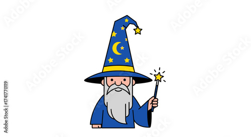 Whimsical Wizard Character with Magic Wand and Starry Hat Illustration