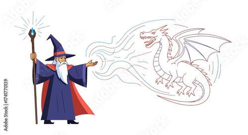 Illustrative depiction of a wizard casting spell to conjure a dragon through magic