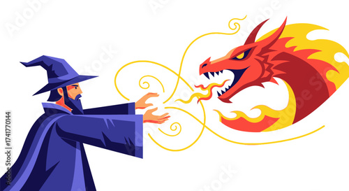 Epic Clash: Cartoon Wizard Confronting Fiery Dragon with Magical Energy Battle