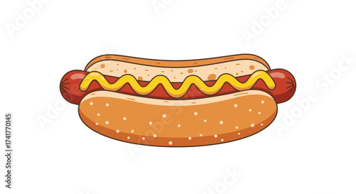 A delightful cartoon illustration of a hot dog with mustard on a white background