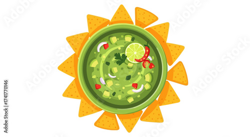 Delicious guacamole dip with tortilla chips vector illustration for restaurants websites and