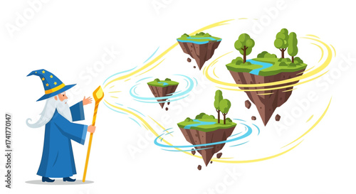 Magical wizard with floating islands, cartoon illustration showcasing fantasy world creation
