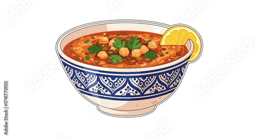 Illustration of a delicious Moroccan Harira soup bowl with traditional design and lemon garnish