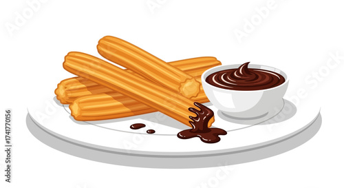 Delicious golden churros served with rich chocolate sauce on a white plate image