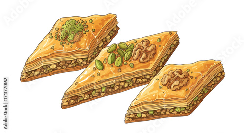 Delicious Baklava Illustration: A Sweet Treat with Nuts and Honey Delightful Dessert