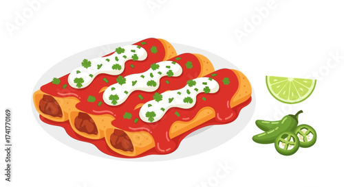 Delicious enchiladas plated and ready to eat with fresh lime and jalapeños for authentic taste