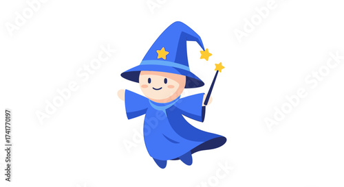 Cute cartoon wizard with magic wand illustration on a white background vector