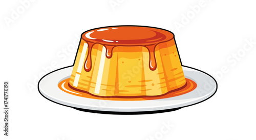 Delicious and sweet flan dessert with caramel sauce in cartoon vector illustration
